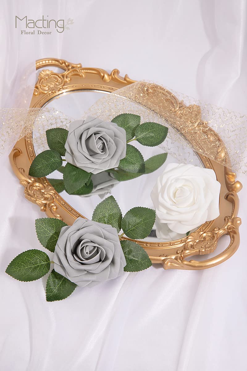 MACTING 30PCS Artificial Rose Flowers Fake Flowers with Stem Real Touch Foam Roses for DIY Wedding Bouquet Table Centerpieces Party Bridal Shower Spring Home Valentines Day Decorations(Grey) - Image 3